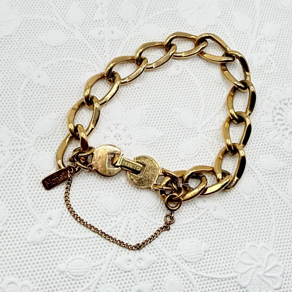Vintage Retro MONET Gold Tone Curb Link Chain Bracelet w/ Safety Chain 6.5"